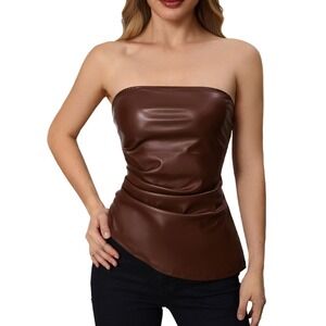 MakeMeChic Women's Y2K Faux Leather Strapless Tube Tops Coffee‎ Brown Medium